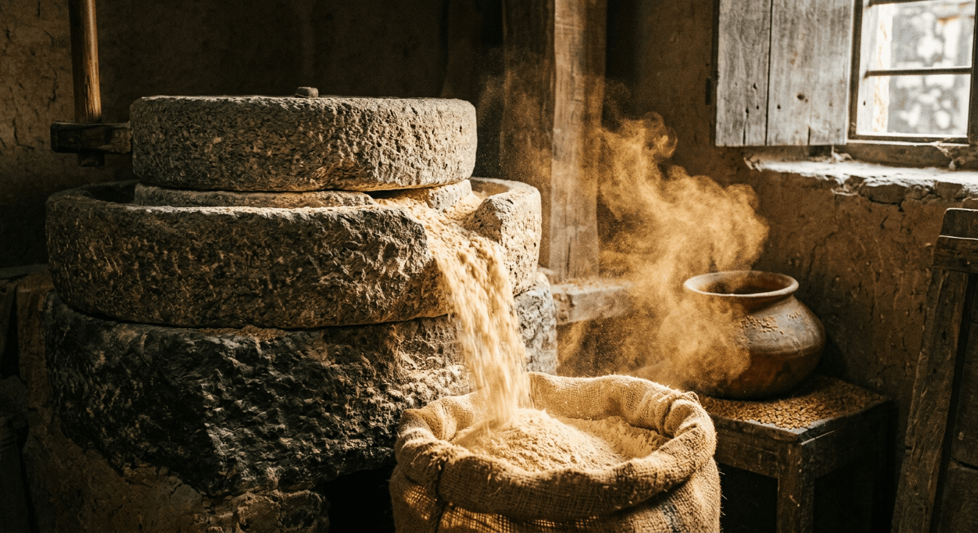 Stone chakki mill grinding fresh wheat flour